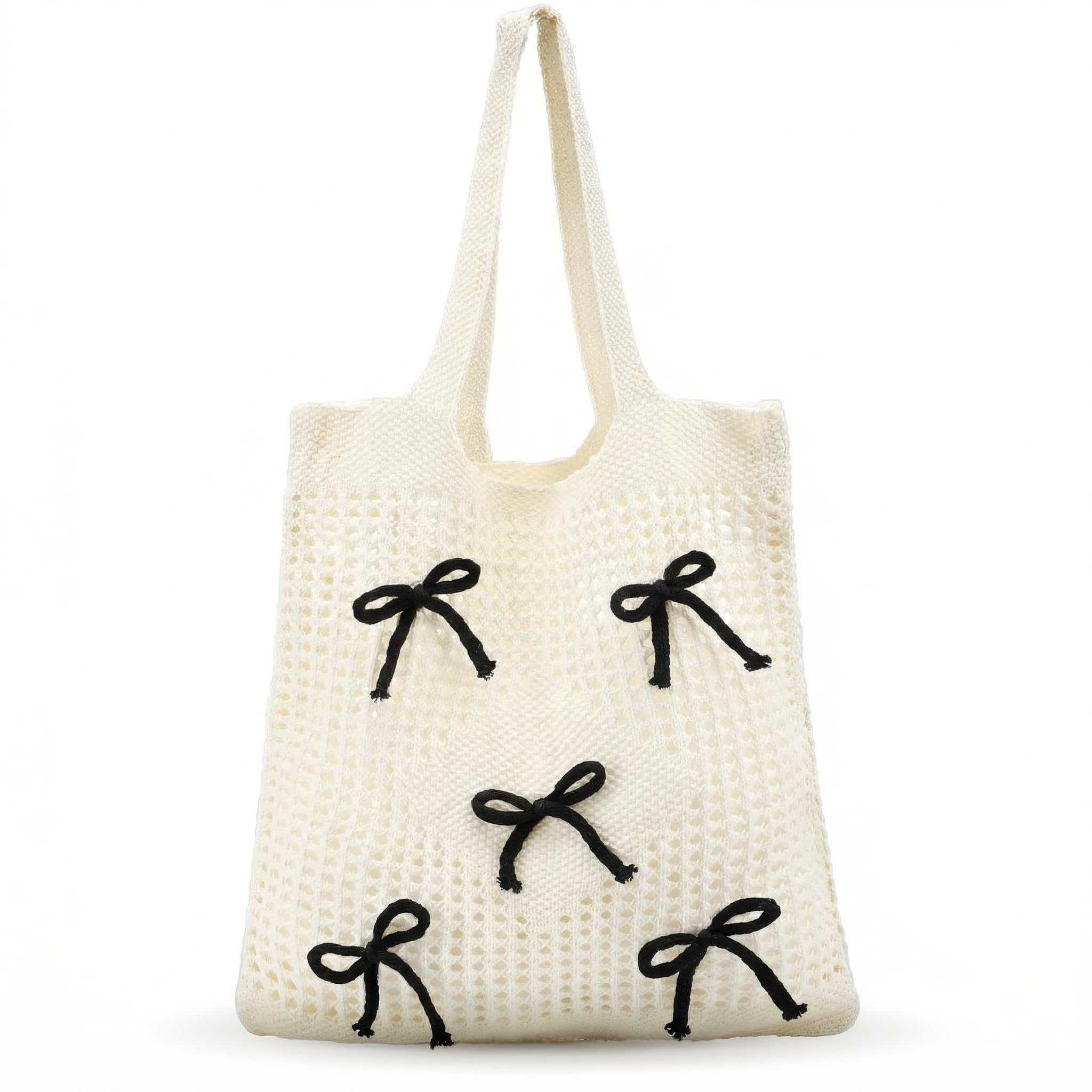 Clysee Crochet Tote Bag for Women Coquette Knit Beach Bag with Bows Preppy Woven Bag Boho Mesh Handbag for Summer Vacation