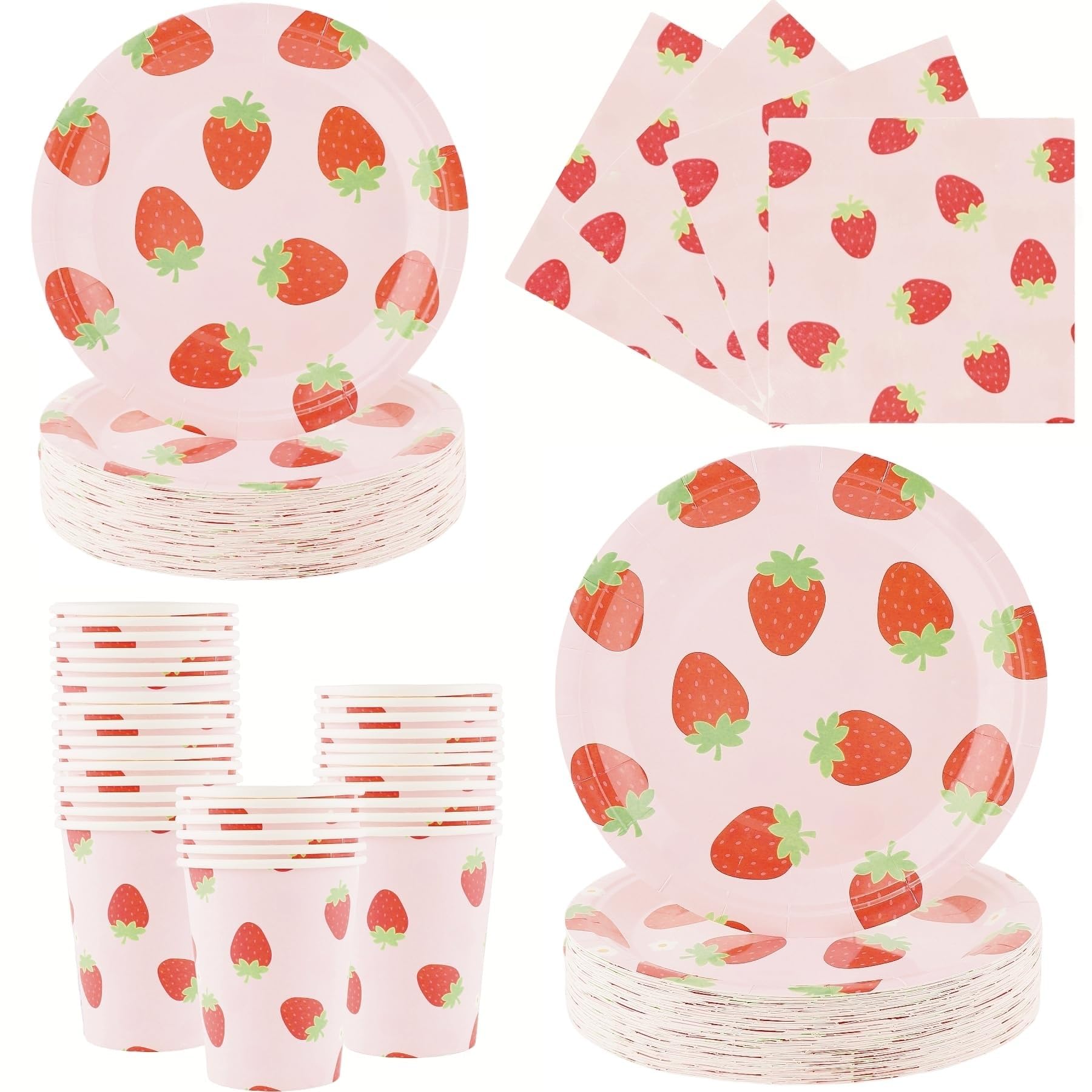 Juego de vajilla de fiesta de fresa – 200 piezas suministros para fiesta de cumpleaños, platos de papel desechables de fresa, juego de vajilla platos de cena, platos de postre, tazas, servilletas para