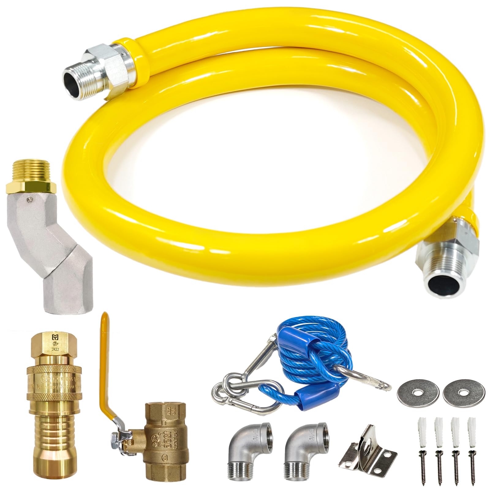 Safety System Kit, 3/4 In ID 48" Gas Hose Connector Kit with 360° Swivel Head Elbows Quick Disconnect Gas Line Hose Full Port Gas Valve Restraining Device &amp; Swivel Connector for Commercial