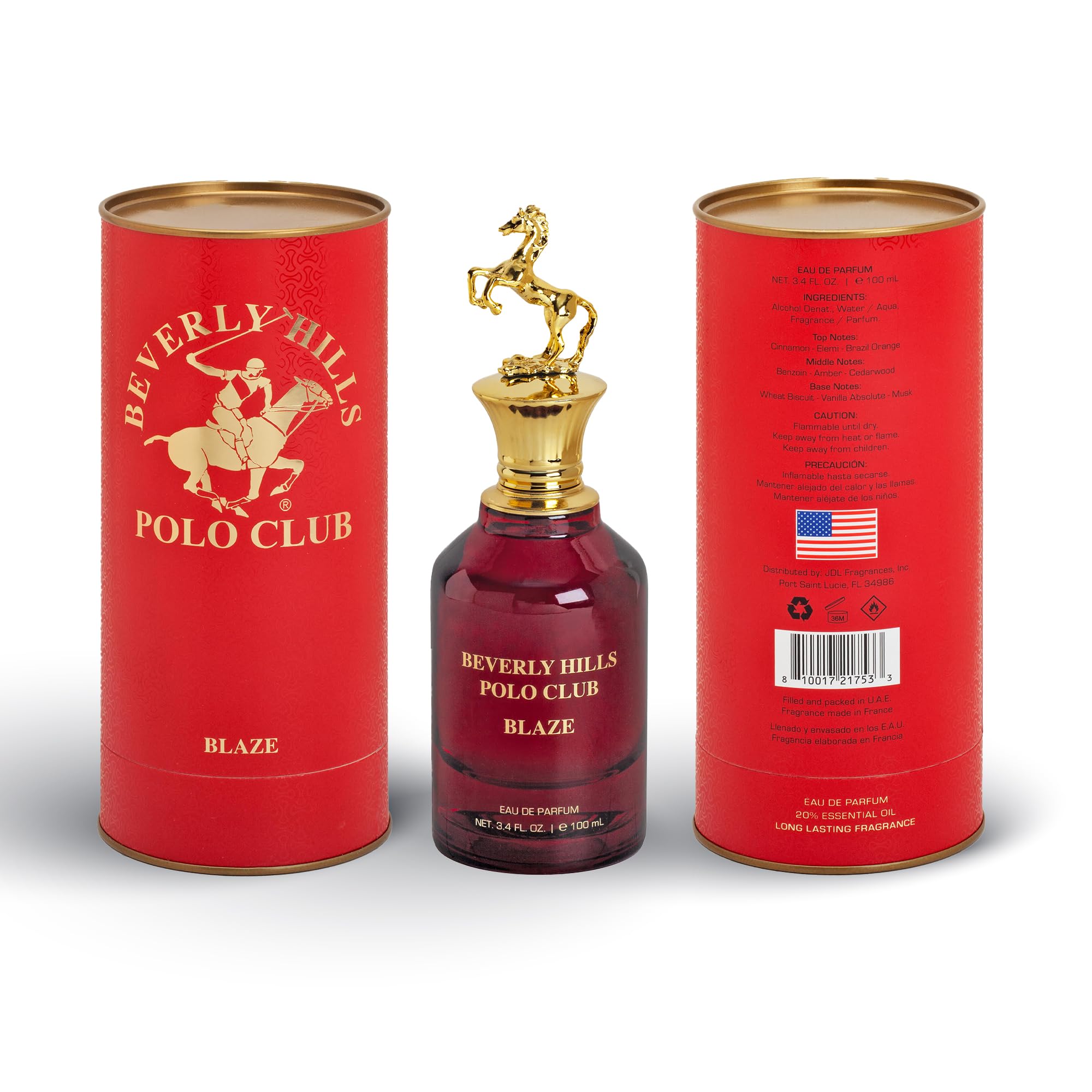 Beverly Hills Polo Club BLAZE 3.4OZ EAU DE PARFUM - FRAGANCIA DE LARGA DURACIÓN (TAPA DE CABALLO DE METAL) CAJA CILINDRADA
