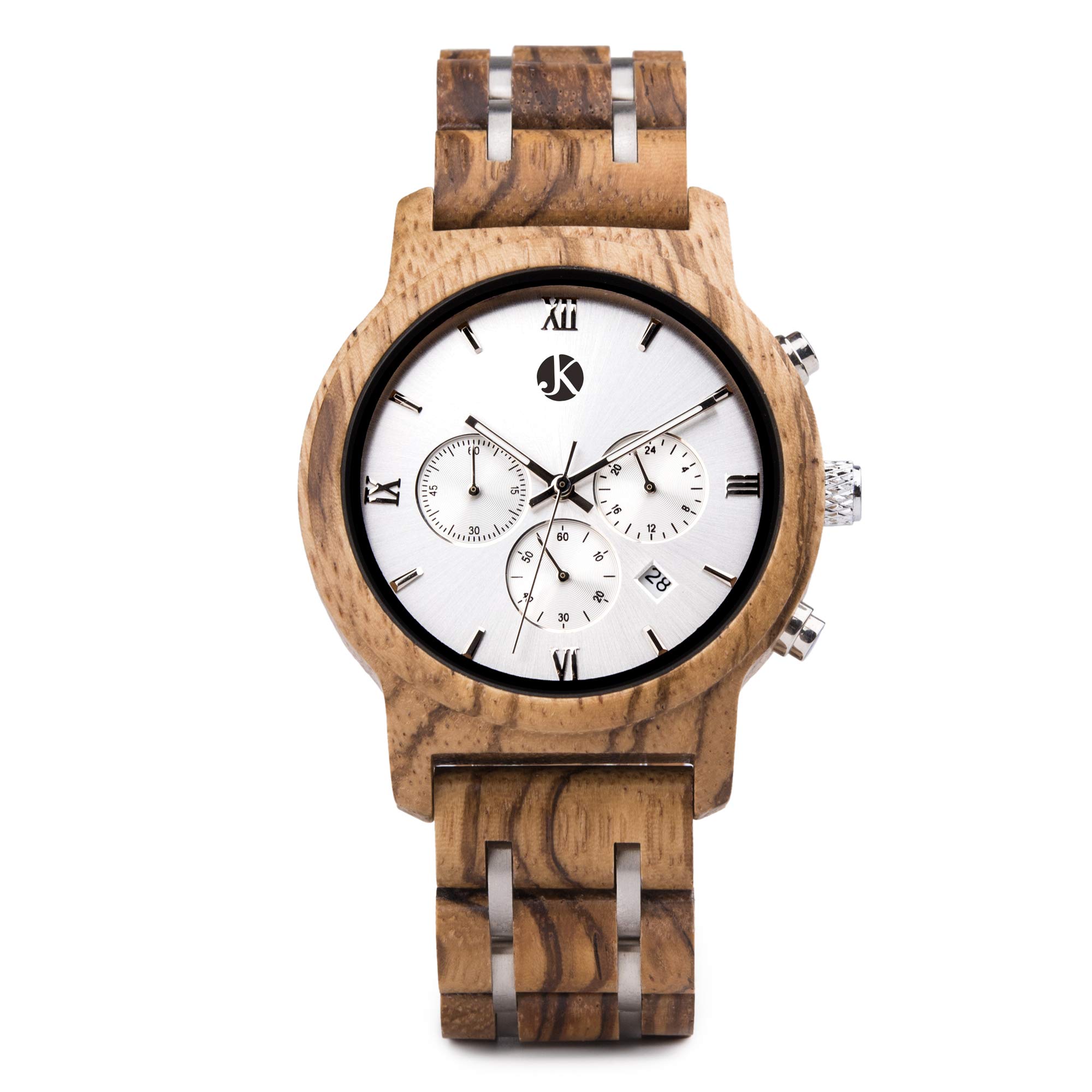 Kim Johanson Herren Holz-Edelstahl Armbanduhr *Air Force* in Hellbraun Chronograph mit Einem Gliederarmband Handgefertigt Quarz Analog Uhr inkl. Geschenkbox