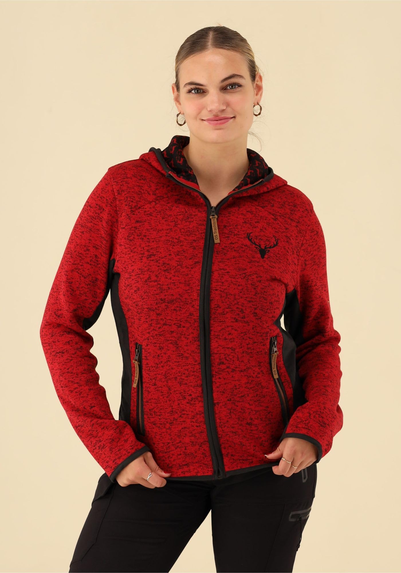 OS Trachten Damen Strickfleecejacke Freizeitjacke Übergangjacke mit Kapuze Zumgu