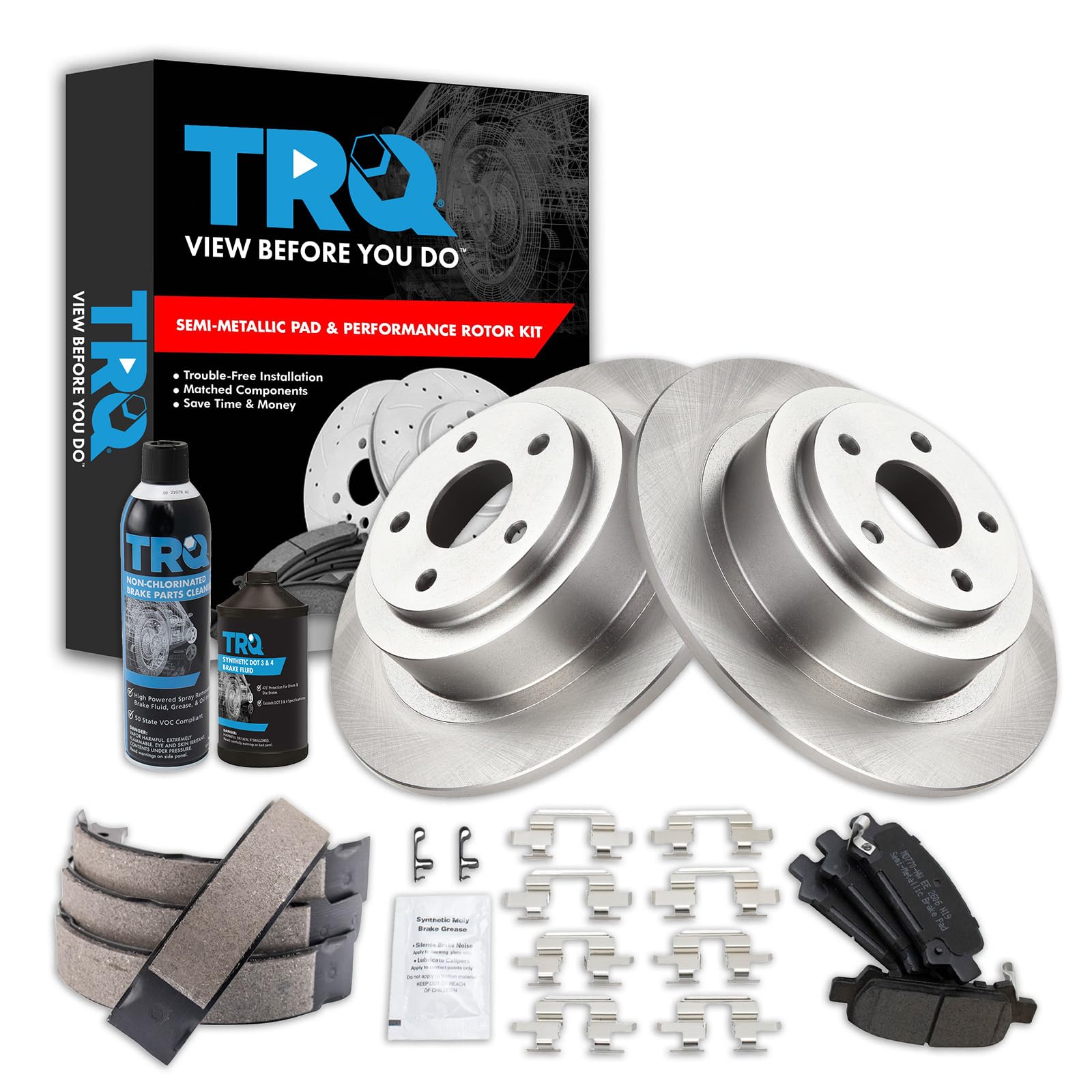 TRQ Rear Brake Pad &amp; Rotor Kit, with Chemical Kit Parking Brake Shoe Set Semi-Metallic Compatible with 2003-2006 Subaru Baja 2001-2004 Legacy 2003-2004 Outback
