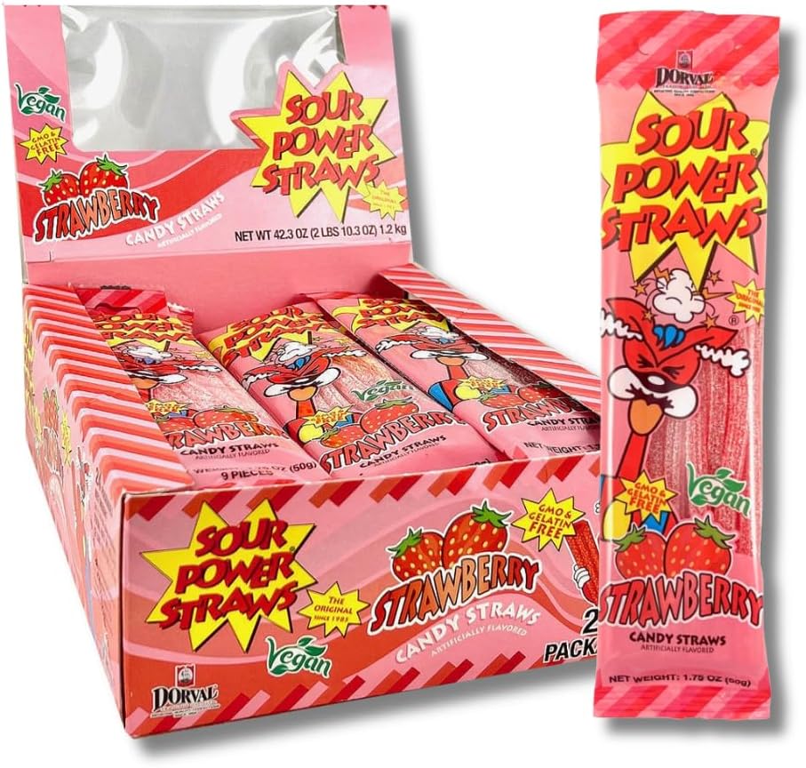 Sour Power Strawberry Candy Straws, 1.75 oz (Pack of 24), Vegan Sour Strawberry Straws Since 1985, Soft Chewy Sweet Tart, Non-GMO Gelatin Free, Sour Strawberry Candy Bulk Pack
