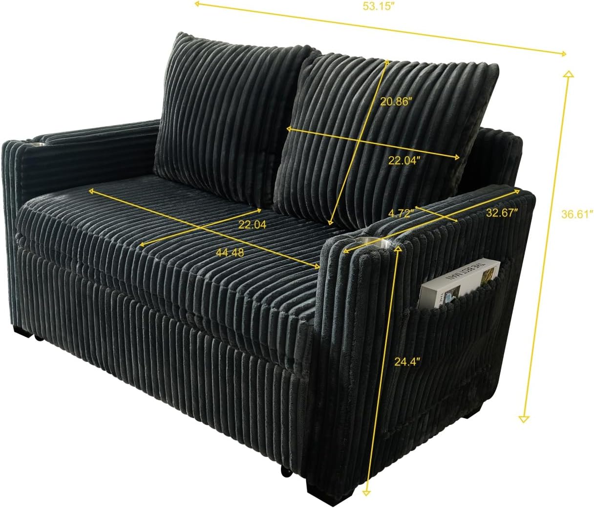 Wrofly 3 in 1 Pull Out Couch, 56 Inch Corduroy Sofa Bed, Convertible Loveseat Sleeper Sofa for Living Room, Adjustment Backrest Upholstered Couch Bed with 2 Side Pockets, USB, Cup Holder, Dark Grey