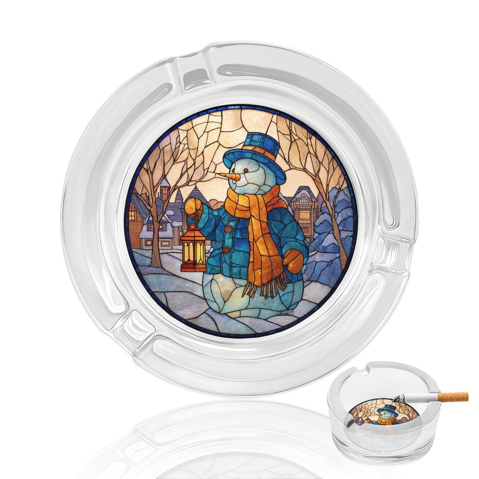 Stained Glass Snowman with Hat Scarf Glass Ashtray for Cigarettes Portable Decorative Ash Trays for Home Office Decor