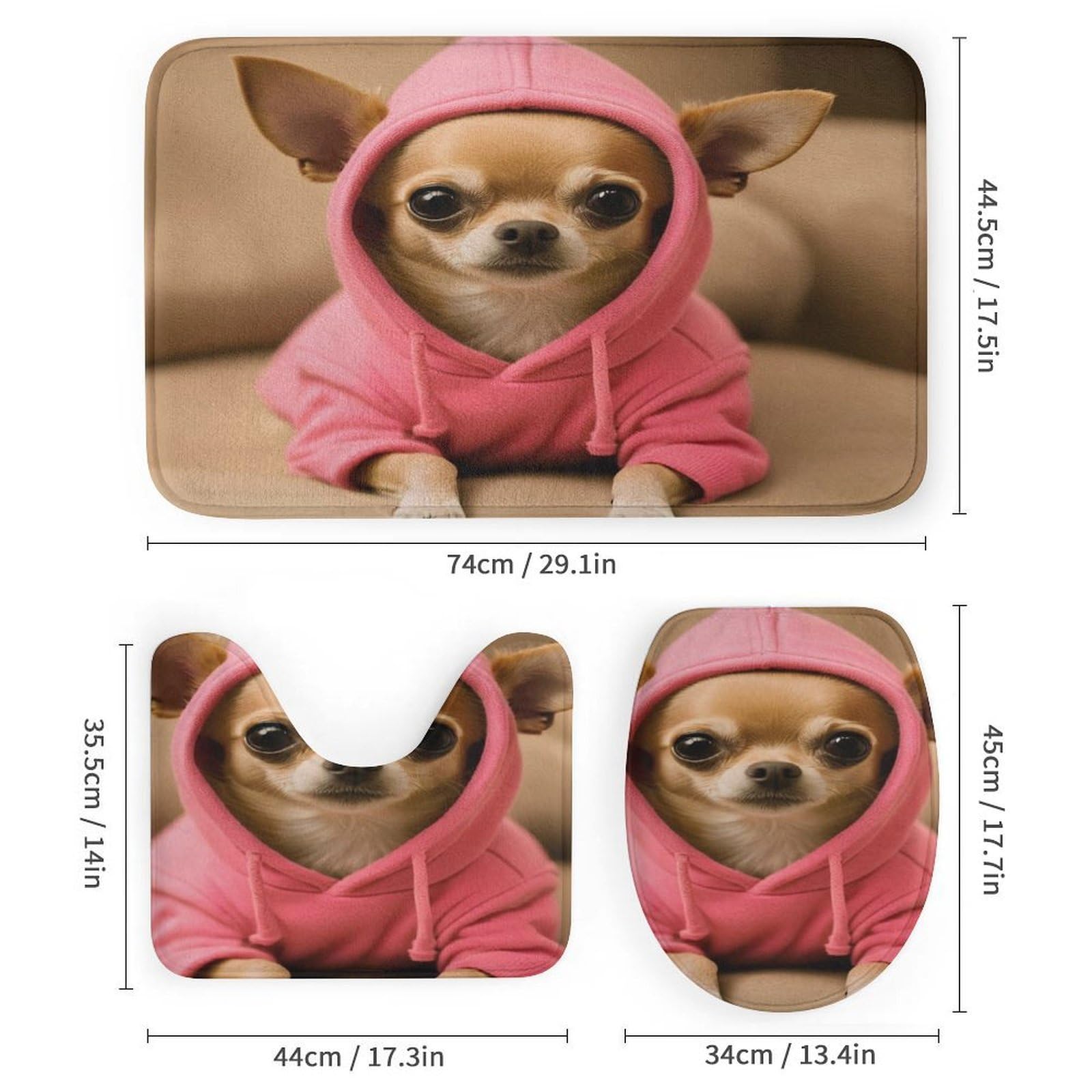 Ensemble de 4 Rideaux de Douche et Tapis de Bain Motif Chiot Chihuahua, hydrofuges et absorbants.