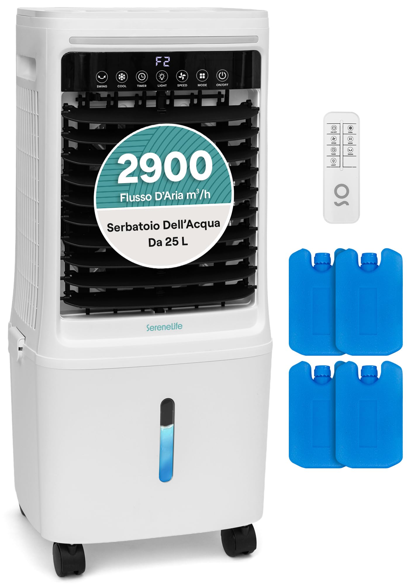 SereneLife Raffrescatore Evaporativo e Ventilatore Portatile, 2882 m³/h Flusso d’aria, Serbatoio 25 Litri Rimovibile, Raffrescatore con Luce LED, Funzione Ghiaccio, per Casa e Ufficio