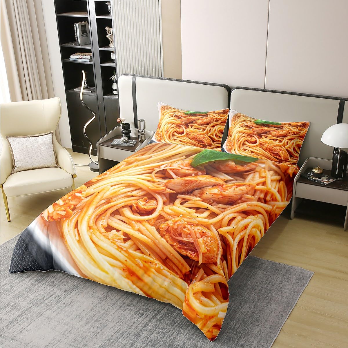 Spaghetti Nudeln 100% Baumwolle Bettbezug 220x240 für Kinder Erwachsene,Huhn Pasta Nudeln Bettwäsche Set Lustiges Dekor für Schlafzimmer,Realistische Lebensmittel Tröster Abdeckung Nudel Bett Set