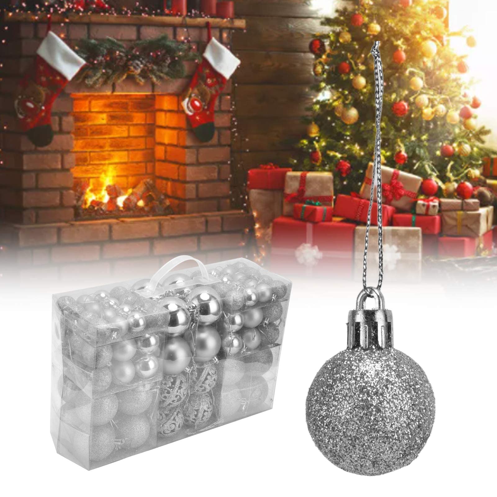 Juego de 100 bolas de Navidad, decoraciones colgantes de temporada, bolas de Navidad de plástico inastillables, juego a granel para decoración de árbol de Navidad (plateado)