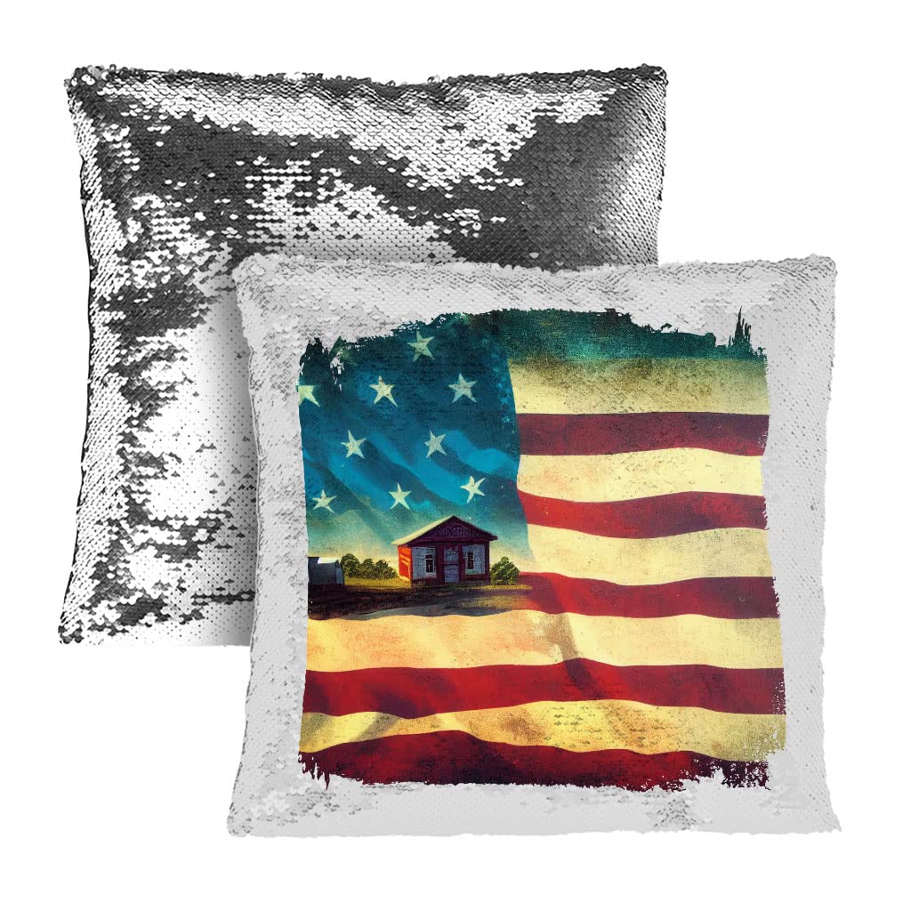 USA Flag Print Sequin Pillow Case - Little Town Pillow Case - Cool Pillowcase - White