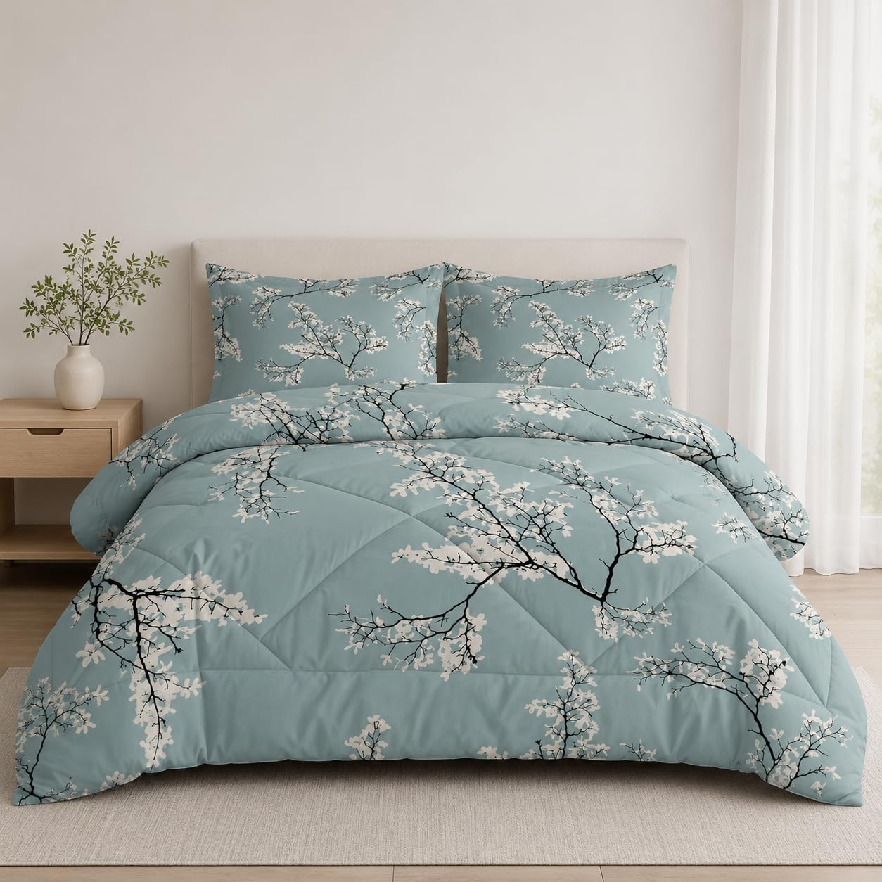 Couette 140x200 4 Saisons Ancien, Couette Imprimée Branche de Fleur, Couette 1 Personne Motif Floral, Lavable Couette sans Housse, Edredon Réversible avec 1 Taies d'oreiller G-373