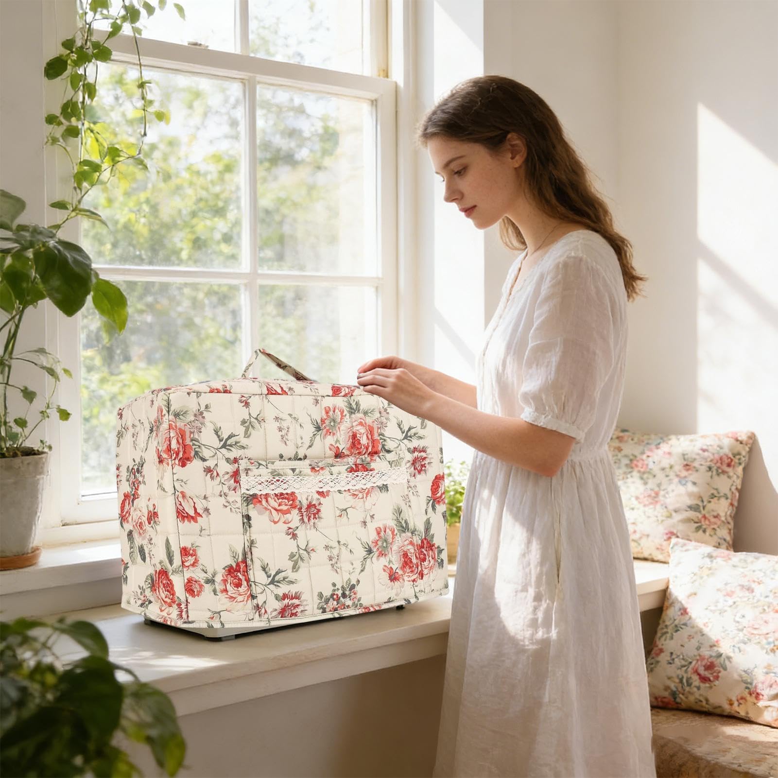 de máquina de coser, de boho para sobredescargadora con protección de máquina de coser doméstica, para viajes interiores y exteriores, taller, casa y estudio, B, Se référer à la