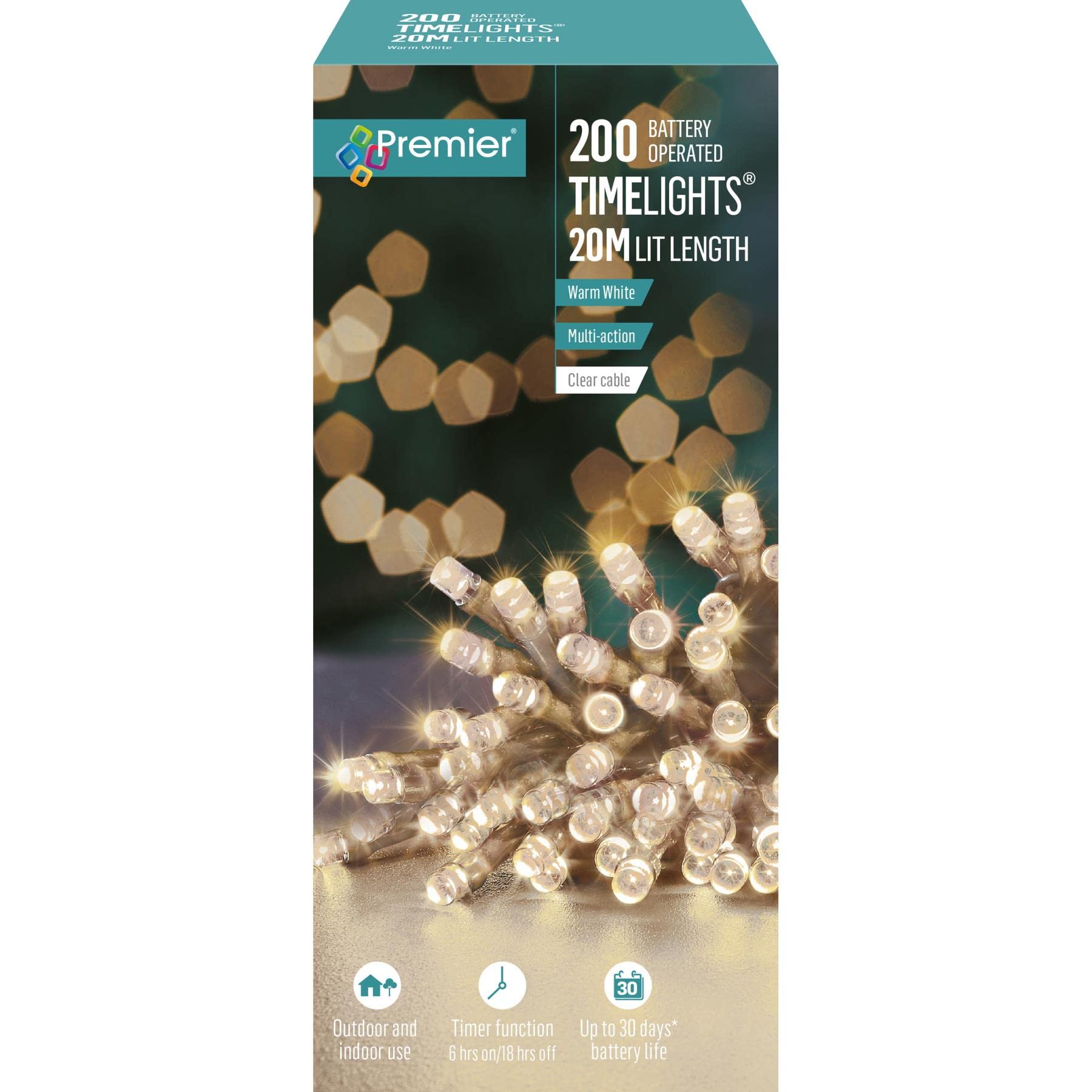 Premier Warm White 200 Timelights Battery Operated 20M Clear Cable Multi Action String Lights