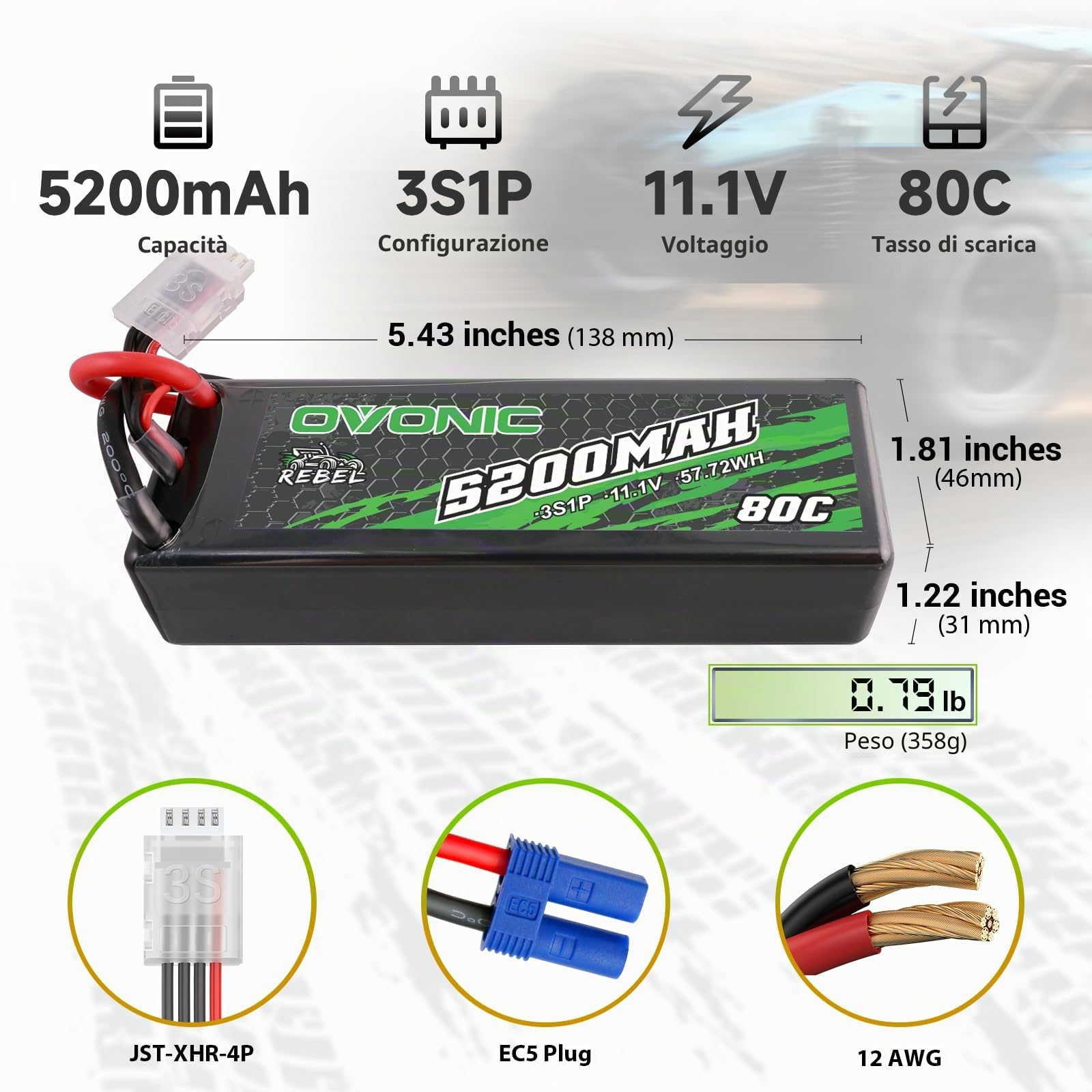 OVONIC Batteria Lipo RC, 80C, 5200 mAh, 11,1 V, con spina EC5, custodia rigida per RC Car Monster Truck RC Truggy Buggy RC Truck Hobby(2 pezzi)