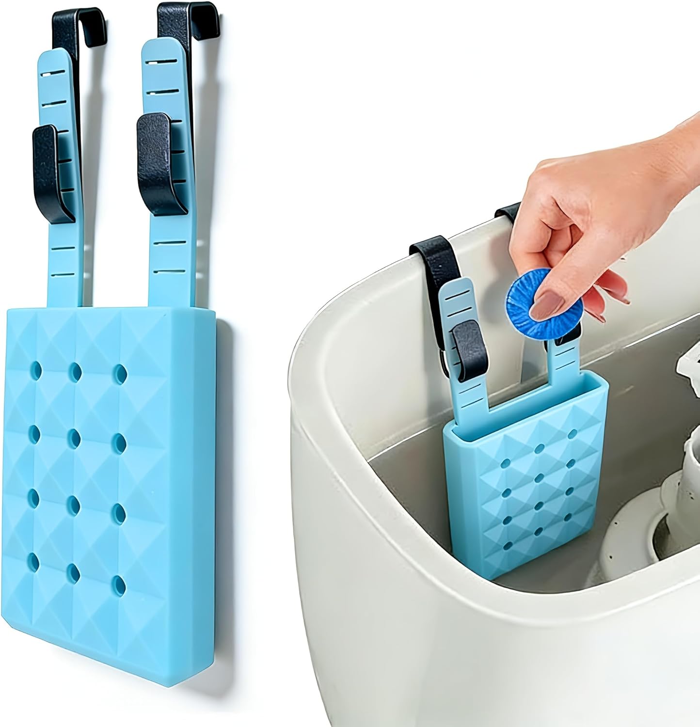 Black Silicone Toilet Tank Cleaning Holder, Adjustable Hanging Toilet Storage Caddy with Hook, Collects Residue, Prevents Flapper Clogs, Extends Toilet Cleaner Tablet Life, Wall-Mounted Bathroom Shelf