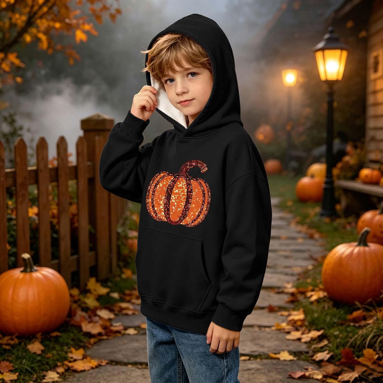 Girls Sparkly Pumpkin Halloween Hoodie Sweatshirt Pullover Top
