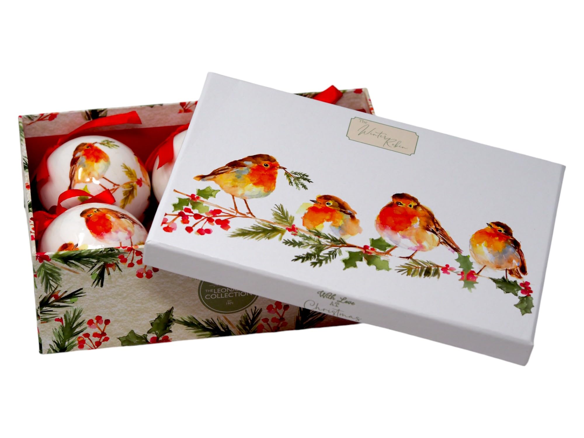 Watercolor Robin Christmas Baubles Tree Ornaments - In Gift Box - Pack of 6