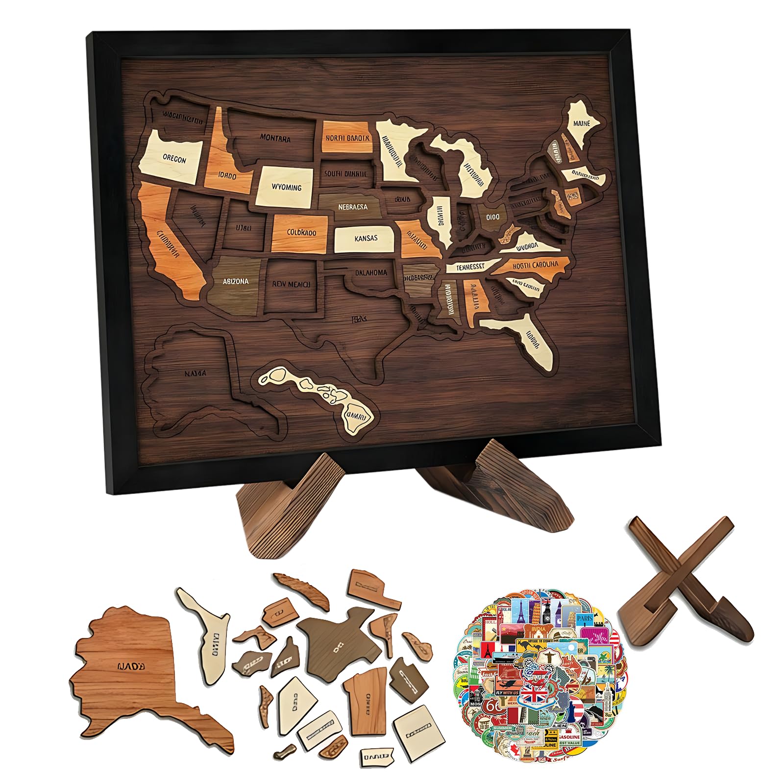 Puzzle carte de voyage USA en bois 30,5 x 25,4 cm 50 états amovibles avec support