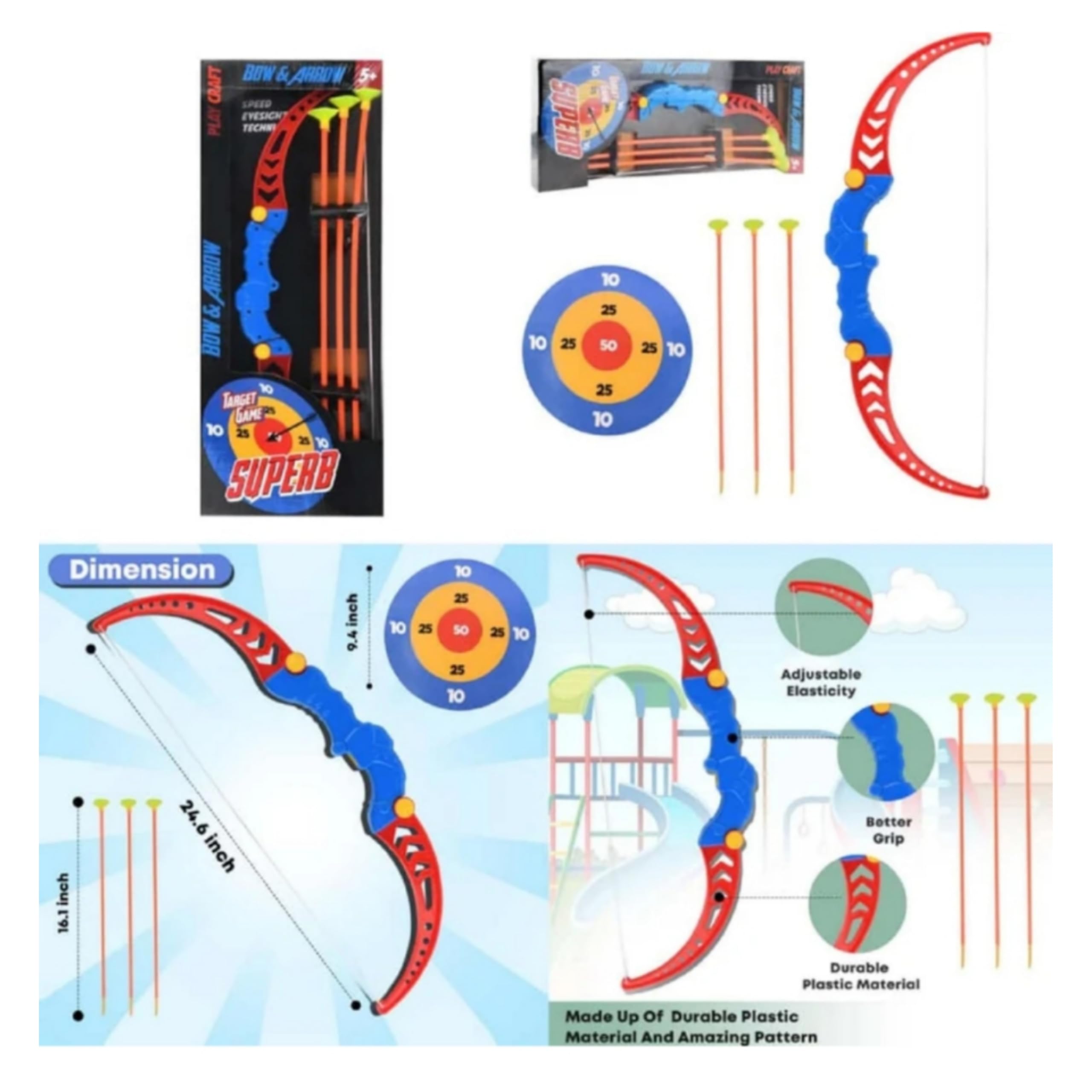 Out Door Game Toy Archery Bow and Arrow Set, Blue and Red, with Safety Suction Cup Arrows Pack of 1 2