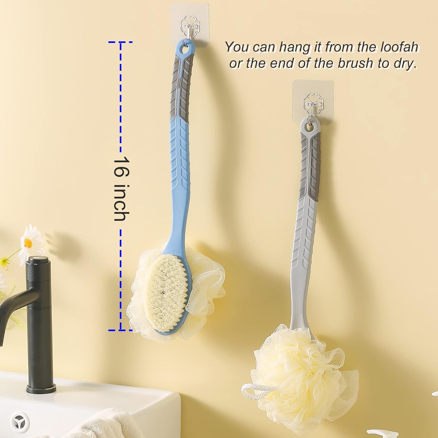 [2nd Generation] Shower Body Brush with Bristles and Loofah,Back Scrubber Bath Mesh Sponge with Curved 16" Long Non-Slip Handle Skin Exfoliating Massage Suitable for Men and Women (Blue) : Beauty & Personal Care