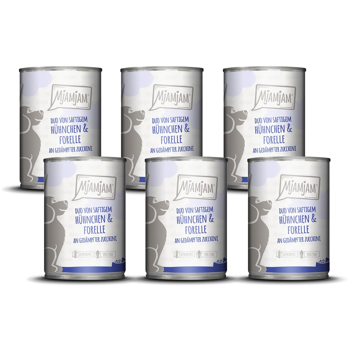 MjAMjAM - Comida húmeda Premium para Perros - Duo de suculento Pollo y Trucha con calabacín al Vapor, Pack de 6 (6 x 400 g), sin Cereales con Extra de Carne