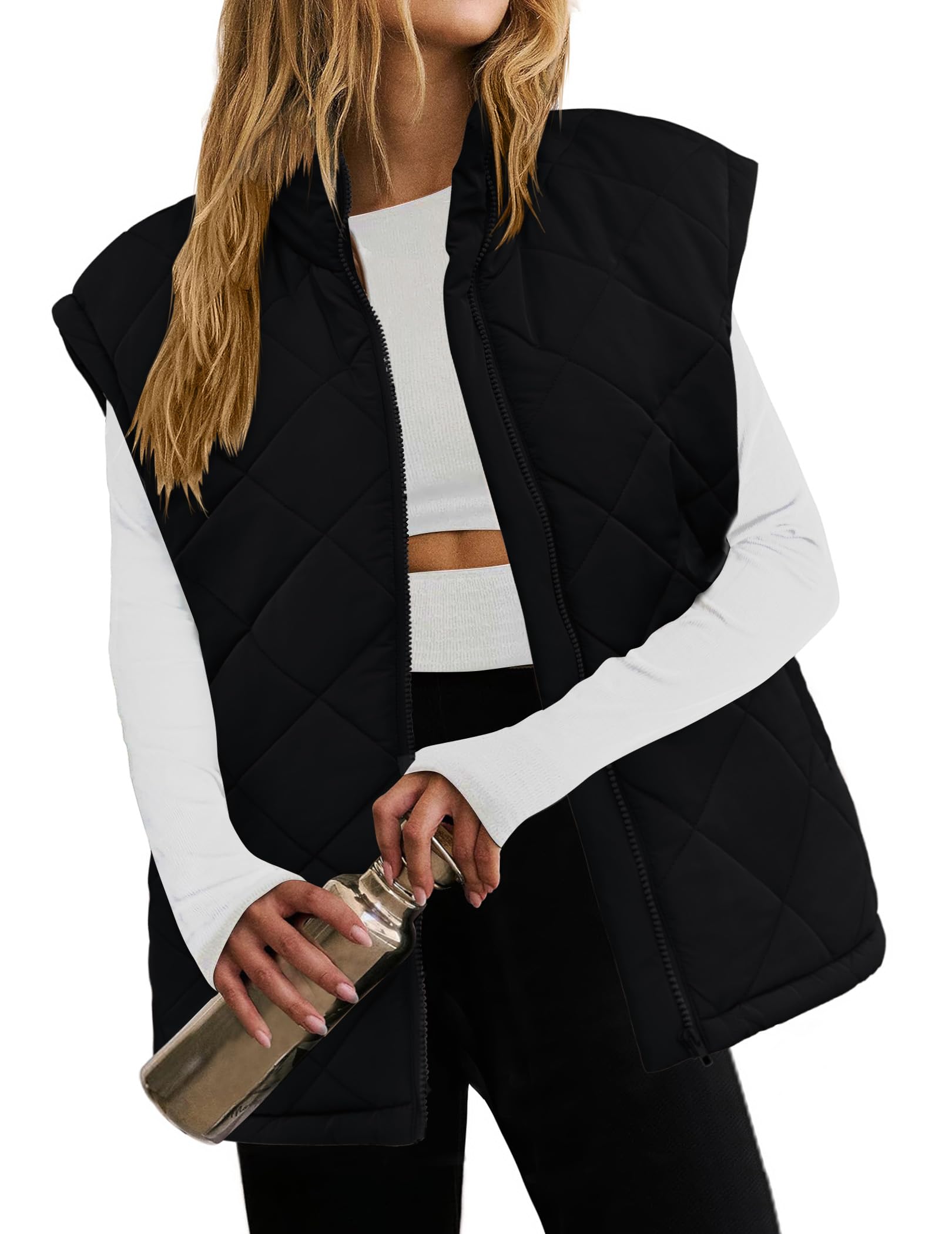 ZEAGOO Gilet corto da donna, senza maniche, trapuntato, autunno, leggero, gilet caldo, invernale, con cerniera, S-XXL