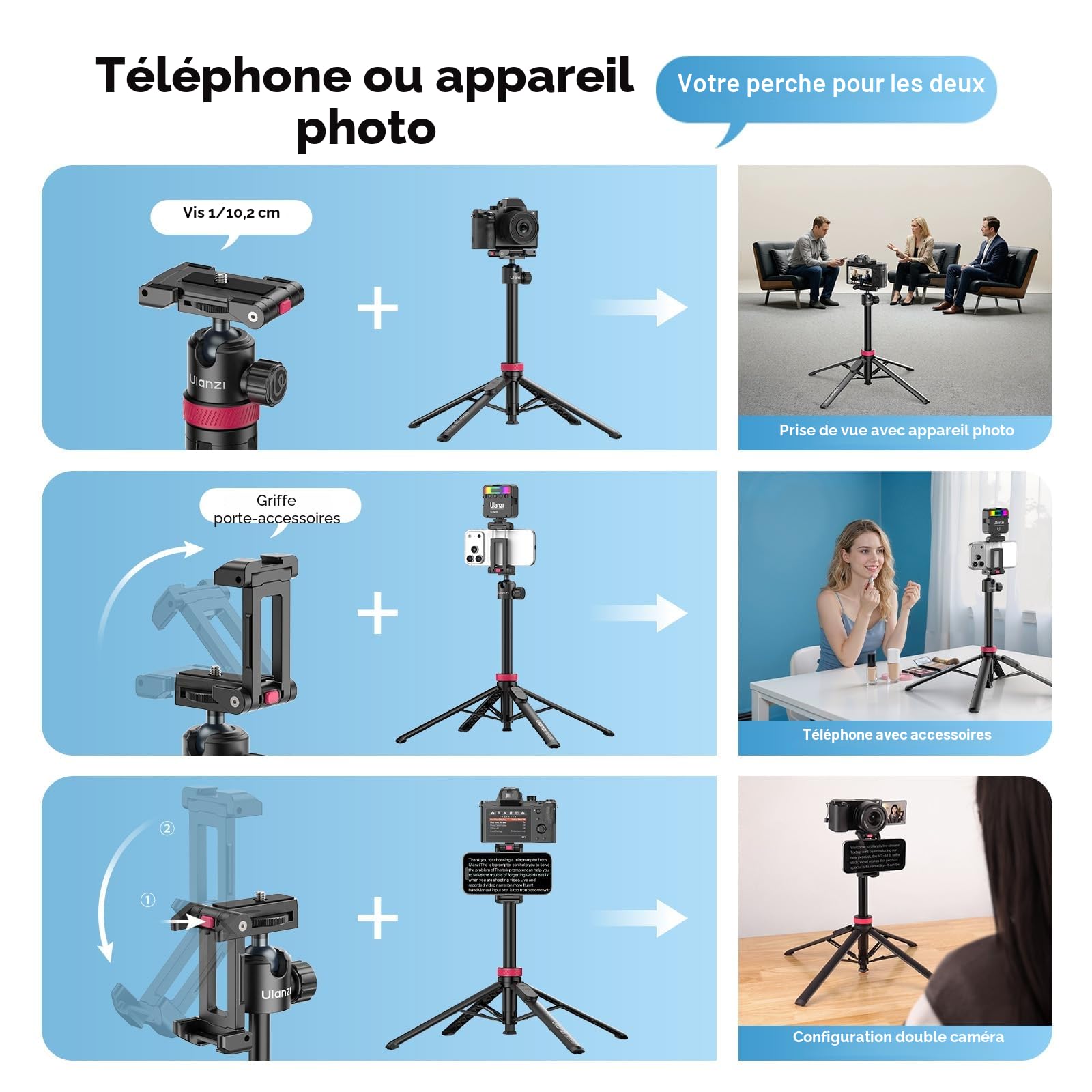 ULANZI MT-44 B Trépied Quadruple Double Support à Ouverture Automatique, Perche à Selfie 150cm avec Télécommande, Rotule 360°, Filetage 1/4", Compatible avec iPhone Samsung Caméra DSLR