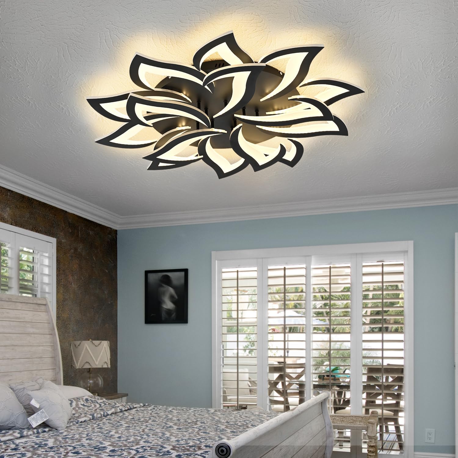 Modern Ceiling Light with APP & Remote Control, Dimmable LED Flush Mount Chandelier with 3-Color. Black Acrylic Flower Ceiling Light Fixture for Living Room Dining Room Bedroom Kitchen-15 Petals