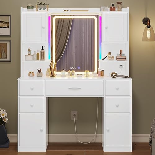 Miniatura 8 de Tiptiper Escritorio grande con espejo y luces, tocador de maquillaje con luces y estación de carga, mesa de tocador con espejo inteligente con