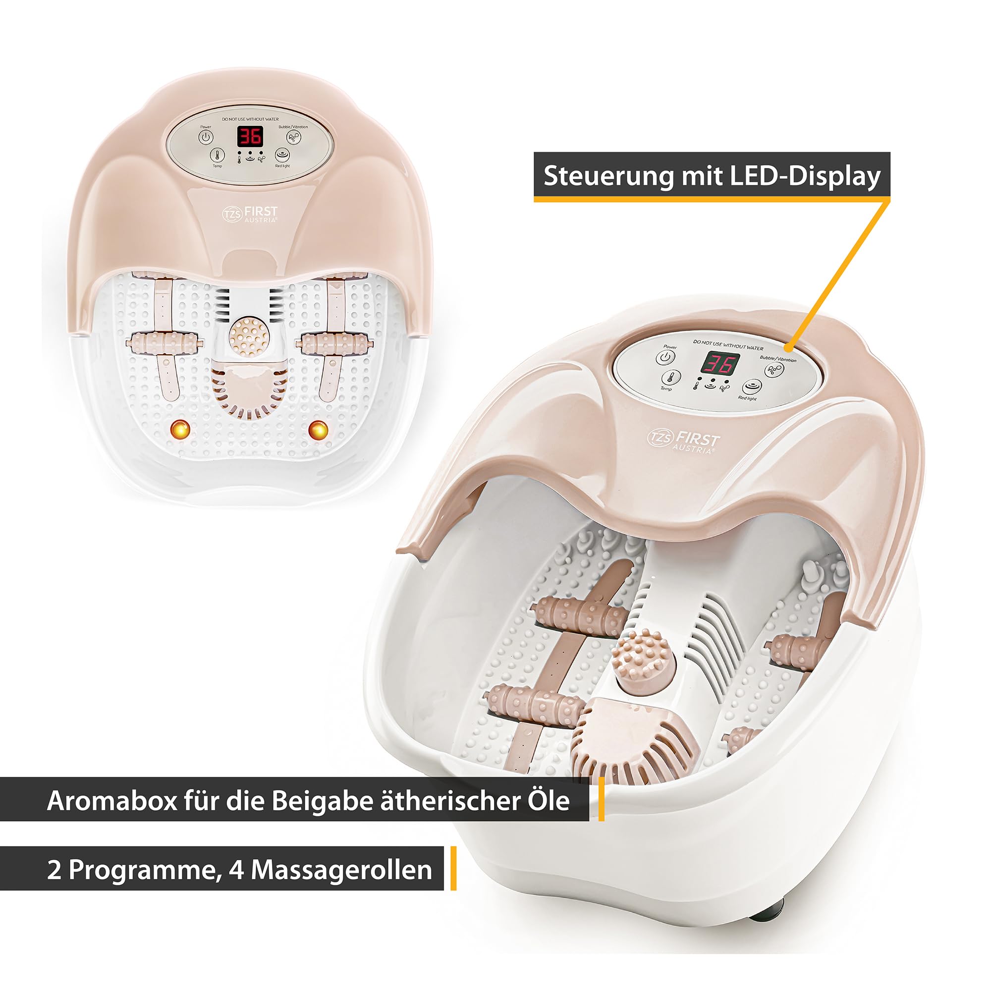 TZS First Austria - Fußbad mit Massagefunktion Digital - 450W - LED-Display & Rotlicht - Bis Schuhgröße 43 - Elektrisches Fußsprudelbad mit 3 Aufsätzen, Spritzschutz & Aromabox - Beige