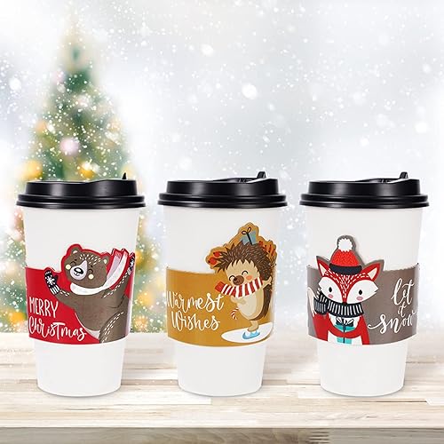 Miniatura 7 de Whaline Paquete de 42 fundas de Navidad para taza de té y café, lindas fundas de Navidad para chaquetas de 12 y 16 onzas, 6 diseños de vasos de