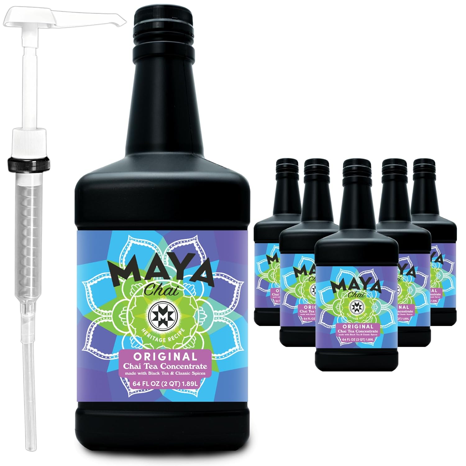 Maya Chai Tea Concentrate, Heritage Recipe, Original, 64 Ounce (Pack of 6) with White Pump