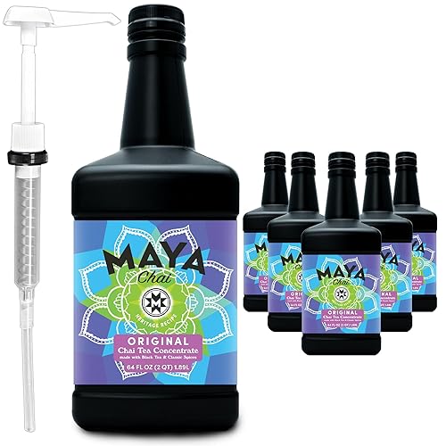 Maya Chai Concentrado de té, receta Heritage, original, 64 onzas (paquete de 6) con bomba blanca