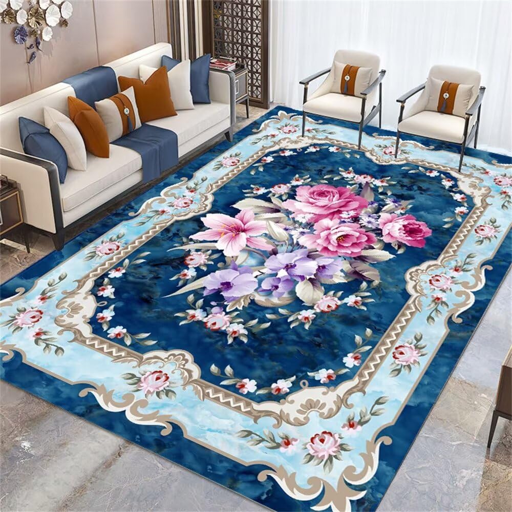 Tapis de centre de salon facile à entretenir avec grand motif bleu 200X300