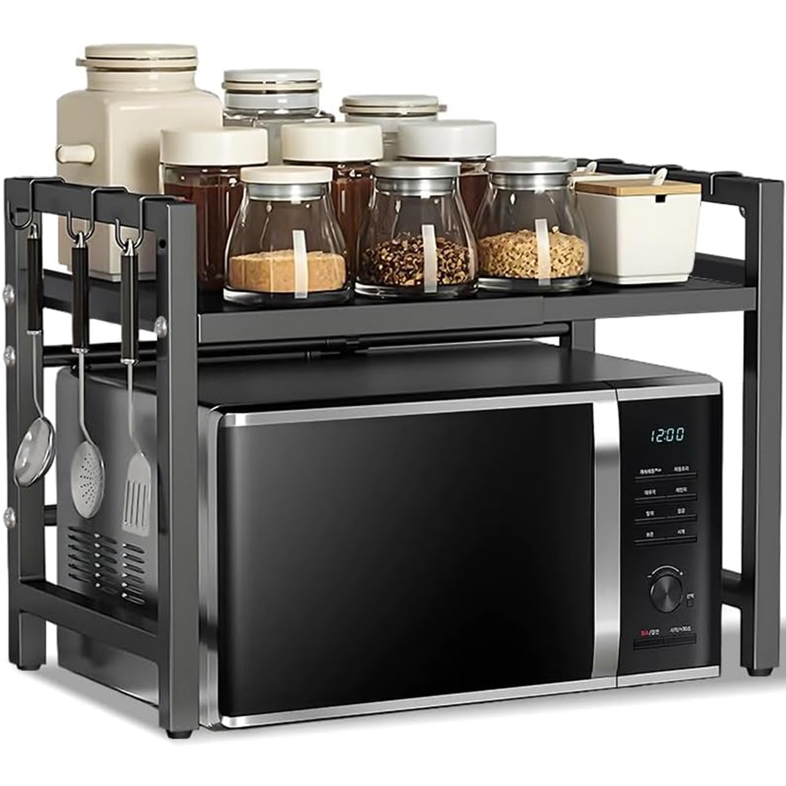 FANFX Microwave Shelf,2 Tier Adjustable Over Microwave Shelf Unit,Microwave Stand with Cutting Board Rack & 6 Hooks,Carbon Steel Kitchen Shelf Organizer for Countertop,Pots,Pans&Cutting Boards(Black)