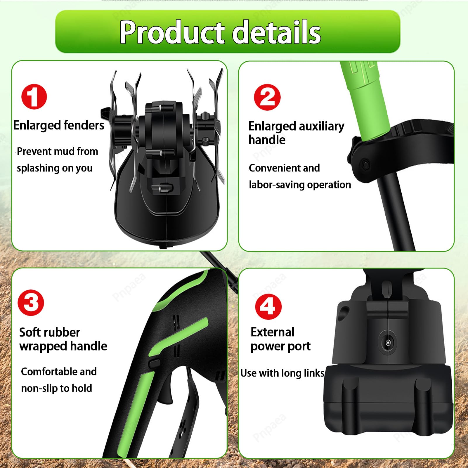 Motoazada Eléctrica, 21V Motoazada Bateria con 2 Baterías 1500mAh, Motocultor Electrico Sin Cable con 4 Cuchillas de Metal, Motoazada con Cargadores para Huerto Green-