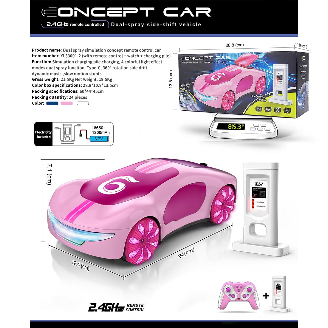 RC Drift Car 2,4 GHz, zdalna koncepcja nowej energii ze stacją ładującą i podwójnym wzmocnieniem natrysku – akrobacje 360°, 4 tryby oświetlenia, różowy gradient dla dorosłych, chłopców