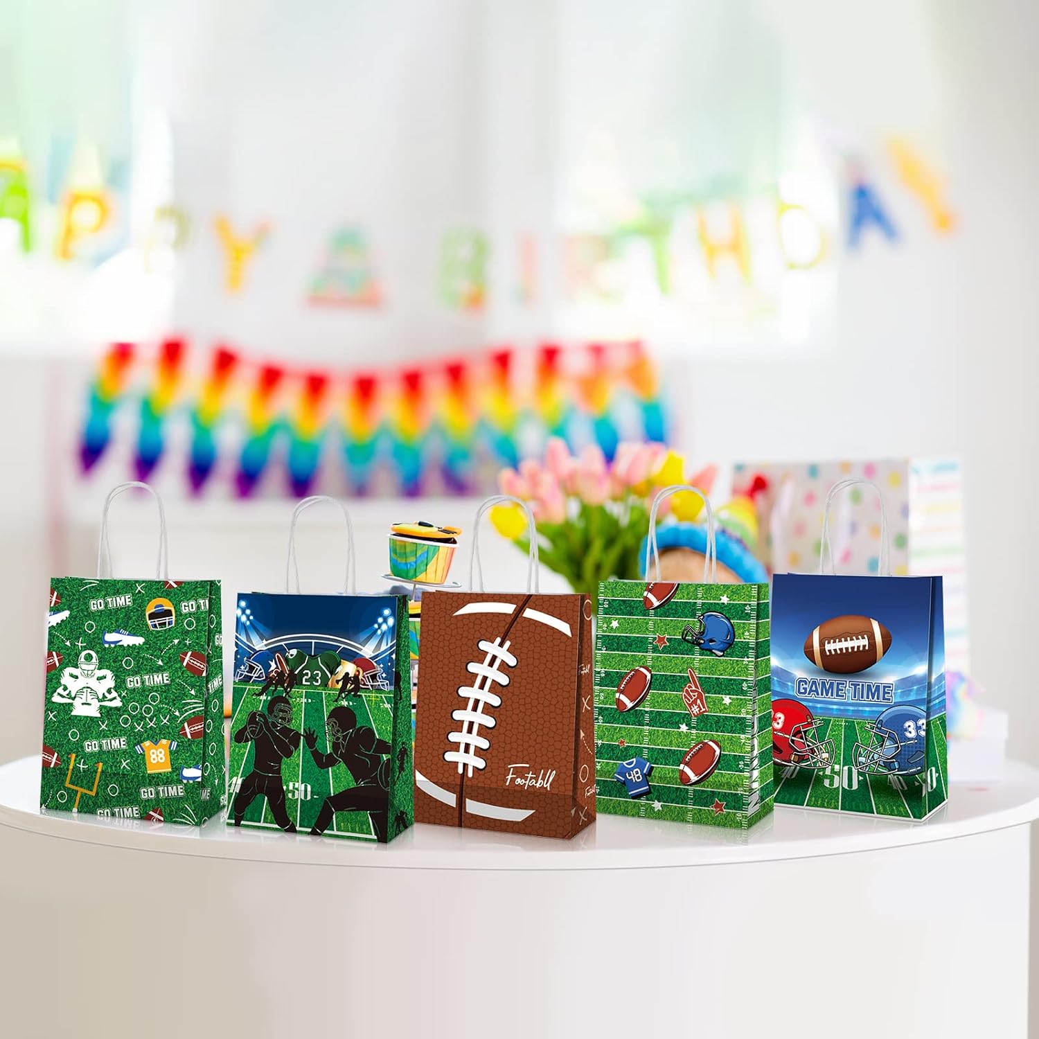 Zonon 20 Pcs Football Party Favors Gift Bags Football Pattern Paper Goodie Snack Treat Candy Bags with Handles for Rugby Sports Team Birthday Party Supplies - Image 6