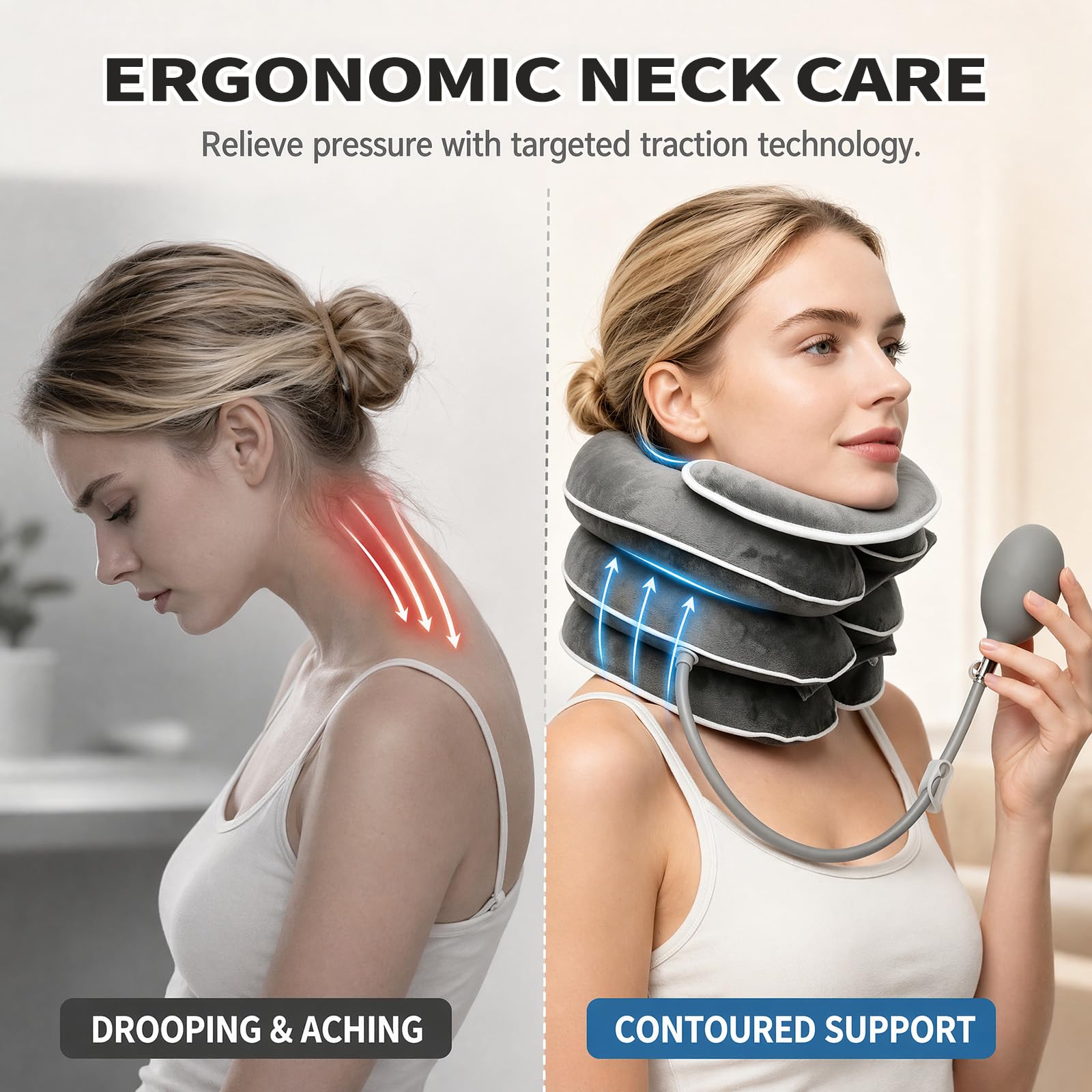 CEWROM Allungatore per il collo gonfiabile per la trazione cervicale, allungatore per il collo regolabile con design allungabile a 3 strati, cuscino cervicale per alleviare il dolore, supporto per il