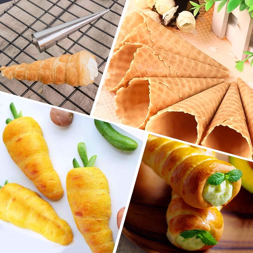SelfTek Cannoli Tubes Set 2 Styles Cylinder and Cone Stainless Steel Cream Horn Forms for Croissant Shell Cream Roll with Cream Icing Piping Nozzle Tip and Cleaning Brush