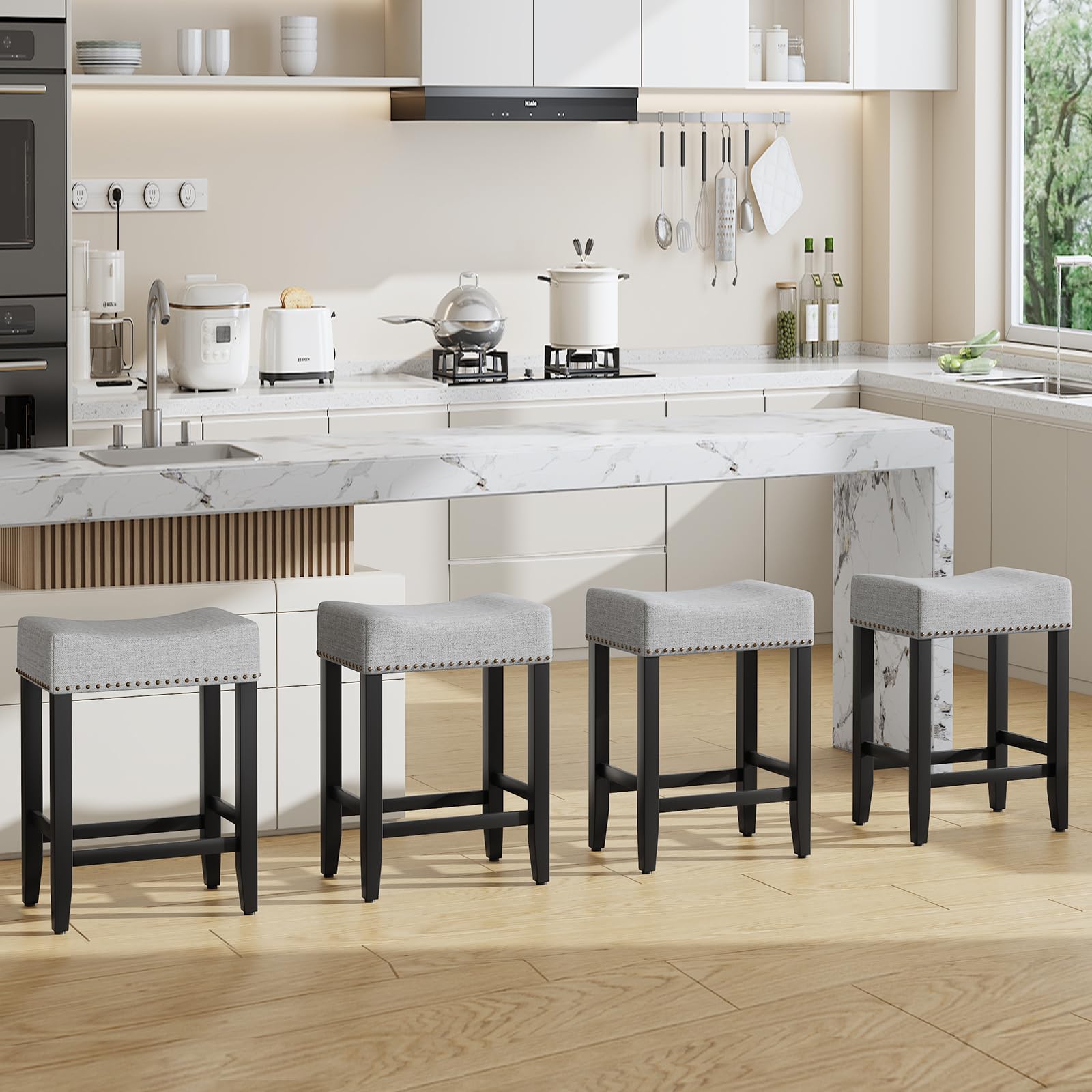 Set di 2 Sgabelli da Bar, Sgabelli da Bar ad Altezza Bancone Sgabello da Sella Alto da 65.5cm, Sedia Trucco Cucina in Lino, Poggiapiedi per Sala da Pranzo, Cucina ad Isola, Caffetteria, Grigio