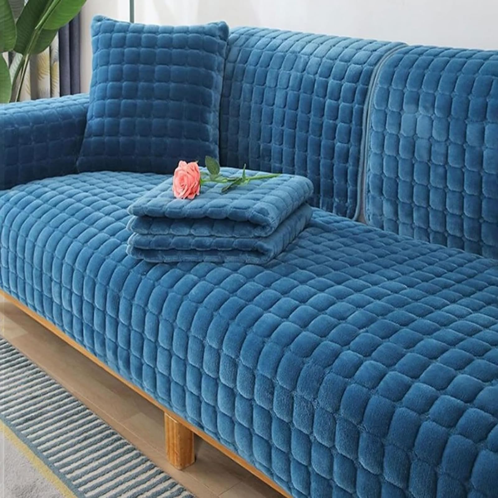 Housse de canapé en velours bleu foncé protection antidérapante canapé L