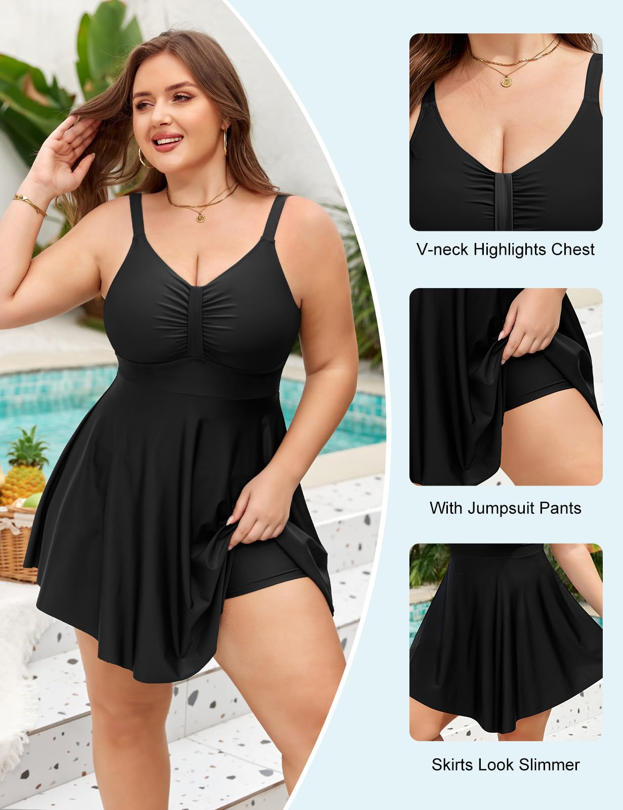 Maillot De Bain Femme 1 Pieces Grande Taille Ventre Plat Rétro Jupe Push Up Col en V Maillot De Bain à Volants avec Short