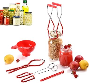 5PCS Canning Supplies Canning Kit, Canning Essentials Set Include Tongs, Wide Mouth Funnel, Jar Lifter, Jar Wrench, Magnetic Lid Lifter, Stainless Steel Anti-Scald Clip Suit Red