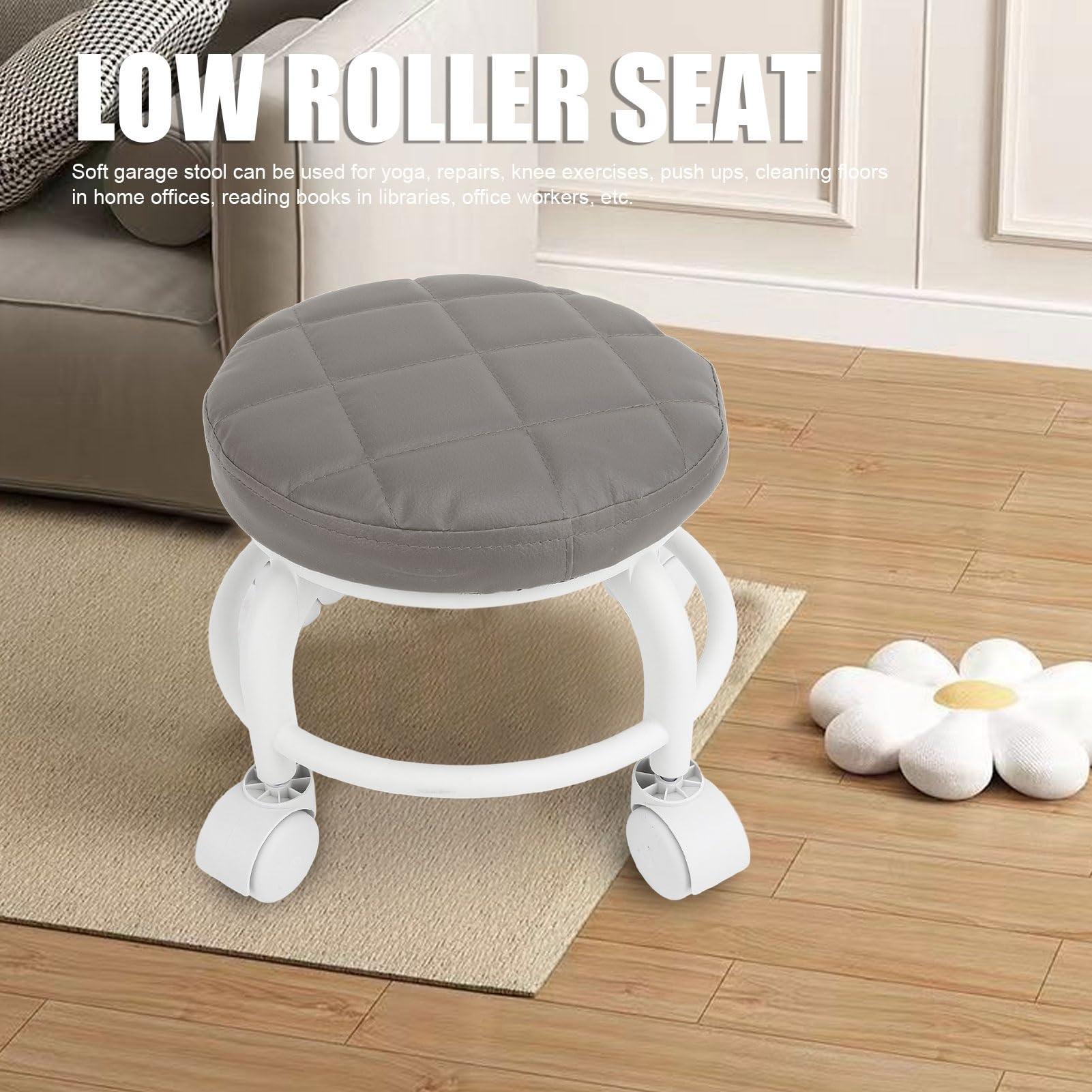 Petit tabouret à roulettes en cuir PU pivotant à 360° avec roulettes pour la maison, le jardin, le garage, le magasin, le fitness, le sport, H : 15 cm