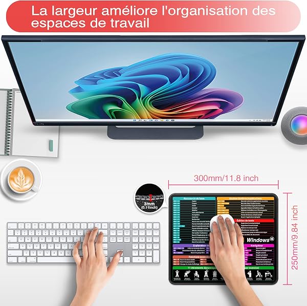 Tapis de Souris 300 x 250 x 3 mm Français, Windows Raccourcis Clavier sur Tapis Souris pour Bureau, Base Caoutchouc Anti-Dérapant, Glissement Facile, Durable, Portable - 2