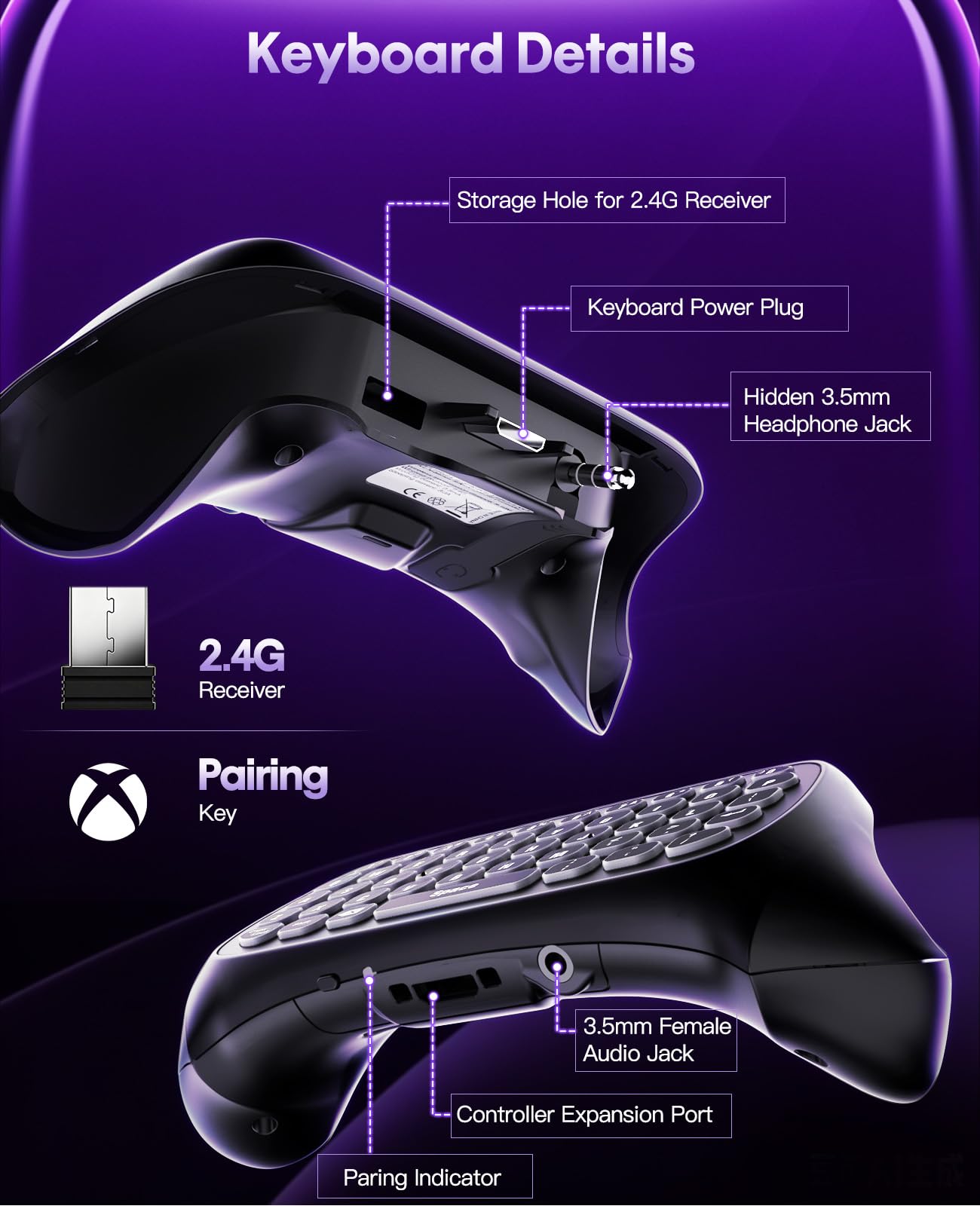 TiMOVO RGB Backlight Keyboard for XBOX Gaming Controller, Black | Wireless Chatpad Keypad, Built-in 3.5mm Audio Jack & 2.4G Receiver for Xbox Series X/S Accessories