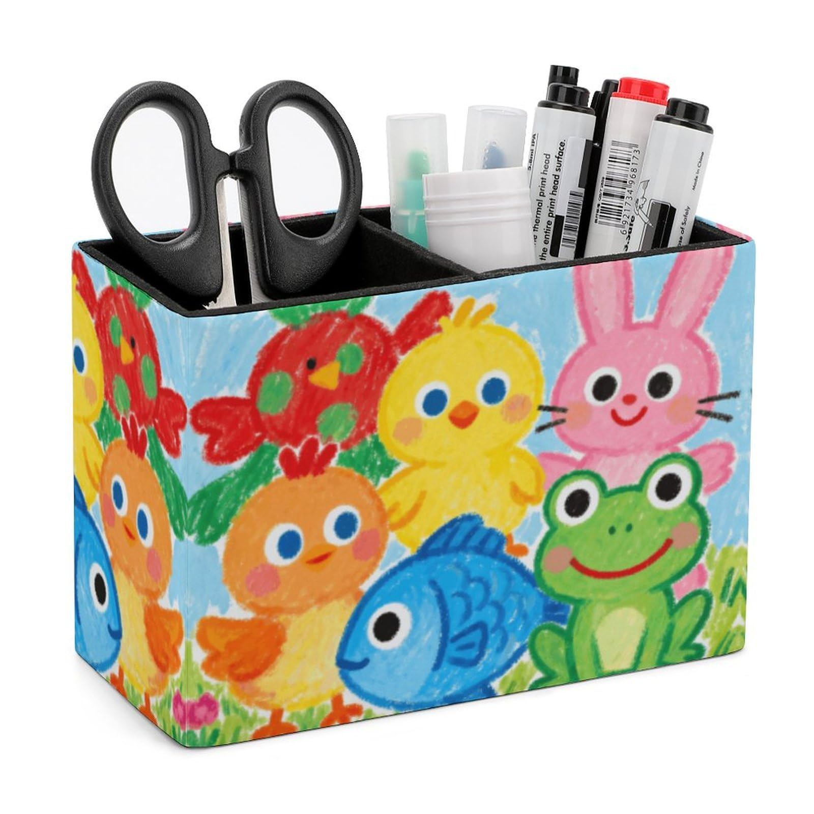 LZQPOEAS Exquisite Patterns PU Leather Pen Holder, Multifunctional Desktop Organizer Caddy with 2 Compartments, Colorful Pencil Cup Makeup Brush Holder for Office Home
