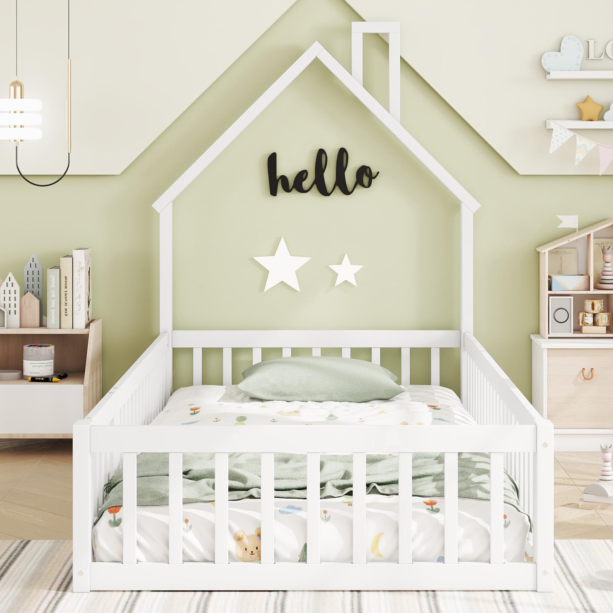 Merax Kinderbett Bodenbett 90x200 cm Hausbett mit Rausfallschutz & Lattenrost, Schornsteinform, öffnbarem Zaun - Montessori Bett, Jugendbett, Holz Bettgestell(ohne Matratze), Weiß